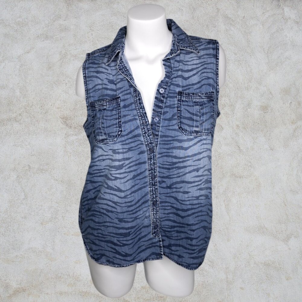 Chico's Zebra Print Denim Button Down Sleeveless Womens Vest Shirt